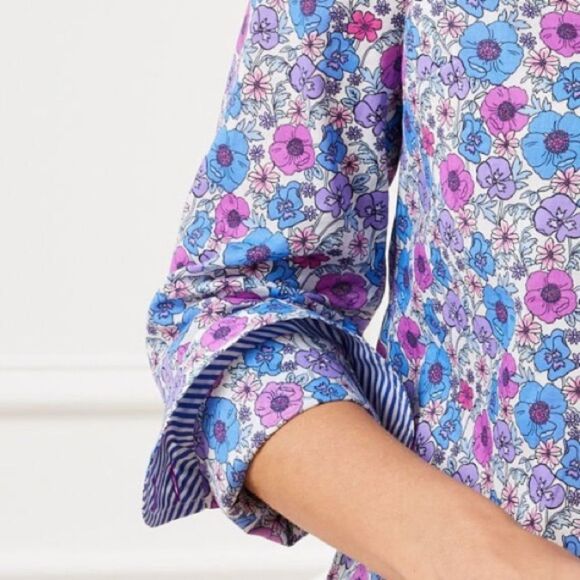 TALBOTS L White Blue Purple Poppy Ditsy Long Sleeve Modern Classic Cotton Shirt - Picture 4 of 15